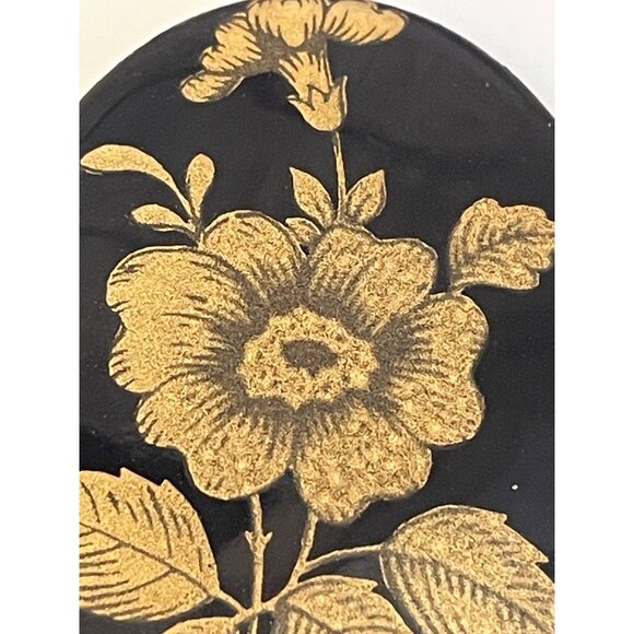 Vintage 1950s Black Enamel Copper Brooch With Gold Flower - Picture 2 of 6